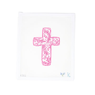 Hand-painted needlepoint canvas featuring a pink and white chinoiserie-style cross design, ideal for Easter, religious occasions, or elegant home decor projects