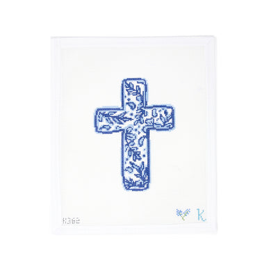 Hand-painted needlepoint canvas featuring a blue and white chinoiserie-style cross design, ideal for Easter, religious occasions, or elegant home decor projects