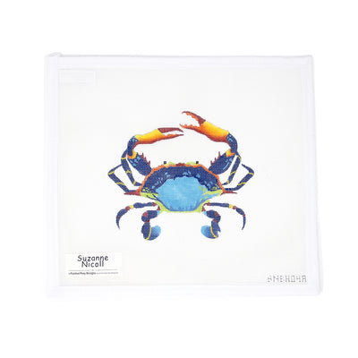 Hand-painted 18 mesh needlepoint canvas by Suzanne Nicol featuring a vibrant crab in bold shades of blue, green, yellow, red, and orange. A lively coastal design perfect for finishing as a decorative pillow, framed art, or beach-inspired accent piece