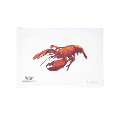 Hand-painted 18 mesh needlepoint canvas by Suzanne Nicol featuring a beautifully detailed red lobster in rich shades of red and orange. A striking coastal design ideal for finishing as a pillow, tray insert, or nautical-themed decorative accent