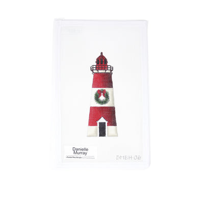 Hand-painted 18 mesh needlepoint canvas by Danielle Murray featuring a beautifully detailed lighthouse decorated with a festive Christmas wreath. A coastal holiday classic, perfect for finishing as an ornament, framed piece, or nautical-themed seasonal accent