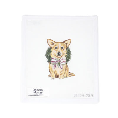 Hand-painted 18 mesh needlepoint canvas featuring a highly detailed corgi dog wearing a festive Christmas bow and holly around its neck. Designed as a beautiful ornament, perfect for holiday decorating, gifting, or commemorating a beloved pet.