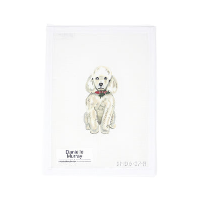 Hand-painted 18 mesh needlepoint canvas featuring a highly detailed whit poodle dog wearing a festive Christmas bow and holly around its neck. Designed as a beautiful ornament, perfect for holiday decorating, gifting, or commemorating a beloved pet.