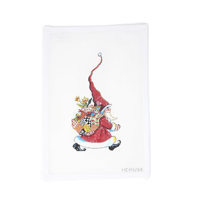 Hand-painted 18 mesh needlepoint canvas by Mary Engelbreit featuring an old-fashioned Santa Claus walking with a colorful patchwork sack of toys on his back. A charming, traditional holiday design perfect for finishing as a large ornament, stand-up, or heirloom Christmas decoration
