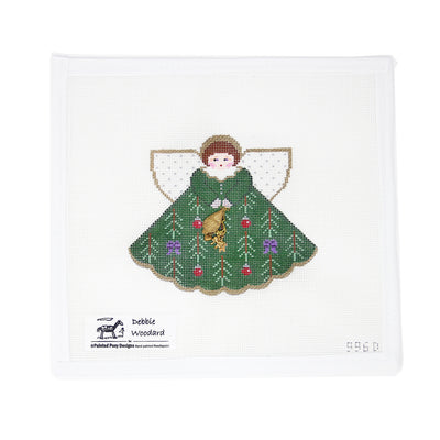 Hand-painted needlepoint canvas by Debbie Woodard Designs featuring a Christmas angel dressed in green, stitched on 13 mesh. A classic and festive design perfect for finishing as a holiday ornament, framed decoration, or a timeless addition to your Christmas needlepoint collection.

