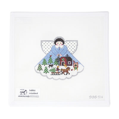 Hand-painted needlepoint canvas by Debbie Woodard Designs featuring a festive tree farm scene on 18 mesh, with a horse pulling a freshly cut Christmas tree and a black lab by its side. A cozy holiday design perfect for finishing as an ornament, framed winter décor, or a nostalgic keepsake for dog and country Christmas lovers.