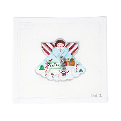 Hand-painted needlepoint canvas by Debbie Woodard Designs featuring a whimsical North Pole scene on 18 mesh, complete with Santa’s workshop, cheerful snowmen, and candy canes. A festive and detailed holiday design perfect for finishing as a Christmas ornament, framed decoration, or joyful addition to your holiday décor.