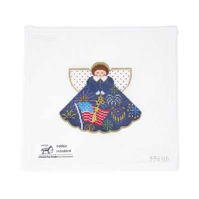 Hand-painted needlepoint canvas by Debbie Woodard Designs featuring a patriotic angel on 18 mesh, with a dress adorned in fireworks and the American flag. A bold and festive design perfect for finishing as a Fourth of July ornament, framed Americana décor, or a unique celebration of patriotic spirit.
