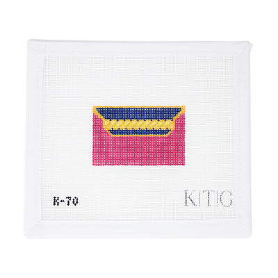 Hand-painted 18 mesh needlepoint canvas featuring a micro hunting bag in a classic blue color, inspired by luxury equestrian style. Designed for finishing as a mini clutch, ornament, or stylish accessory, this petite canvas offers a refined, fashion-forward stitching project.