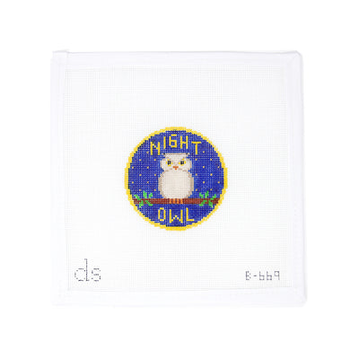 Hand-painted needlepoint canvas on 18 mesh featuring a round design with a cute owl perched on a branch and the phrase “Night Owl.” A cozy and whimsical piece perfect for finishing as an ornament, mini pillow, or framed accent—ideal for night owls and owl lovers alike.