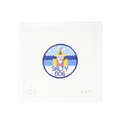 Hand-painted needlepoint canvas on 18 mesh featuring a round design of an old sea captain smoking a pipe with a seagull perched on his head, set against an ocean backdrop. The phrase “Salty Dog” adds nautical charm—perfect for finishing as a coastal-themed ornament, coaster, or framed piece for lovers of the sea and salty humor.