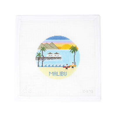 Hand-painted needlepoint canvas featuring a 4" round scene of Malibu on 18 mesh, showcasing beachy details like ocean waves, palm trees, and coastal charm. A laid-back and sunny design perfect for finishing as a vacation keepsake ornament, mini frame, or west coast-inspired décor.