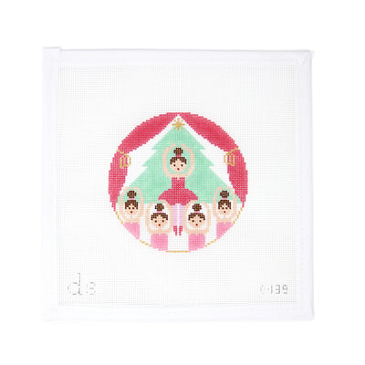 Hand-painted needlepoint canvas featuring a 4" round on 18 mesh with Nutcracker ballerinas dancing gracefully in front of a decorated Christmas tree. A festive and elegant holiday design perfect for finishing as a Christmas ornament, mini pillow, or a special keepsake for ballet lovers and Nutcracker fans.