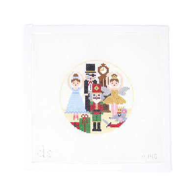 Hand-painted needlepoint canvas featuring a 4" round on 18 mesh with all the beloved Nutcracker ballet characters—including Clara, the Nutcracker, the Mouse King, Sugar Plum Fairy, and more—gathered around a festive Christmas tree. A magical and detailed design perfect for finishing as a keepsake ornament, framed piece, or holiday gift for ballet enthusiasts.