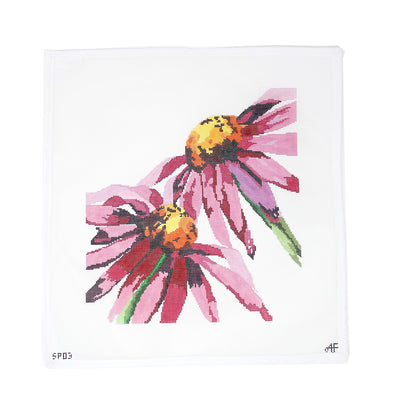 Needlepoint canvas featuring two vibrant pink coneflowers with yellow and orange centers, accented by green leaves on a white background. Designed by AF, this bold and colorful floral design is ideal for finishing as a pillow, framed piece, or tray insert. Printed on 18-count mesh. Mesh size: 18-count, square.