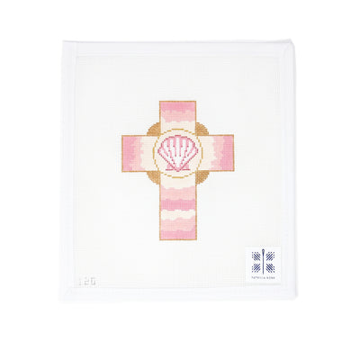 Needlepoint canvas by Patricia Sone featuring a pink and gold cross with a detailed seashell at the center. A beautiful and elegant design perfect for finishing as a framed piece, baptism or confirmation gift, or decorative pillow. Printed on 18-count mesh. Mesh size: 18-count, square.