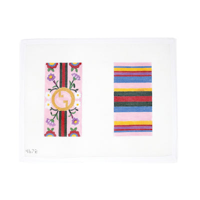 Gucci Eye Glasses Case needlepoint canvas designed by Alice Peterson, featuring a pink case with vibrant flowers and stripes. Printed on 13-count mesh, perfect for creating a stylish case, pouch, or clutch. Add beads or embroidery for extra texture and detail. Mesh size: 13-count.