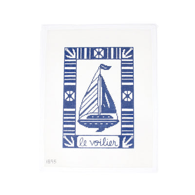 Le Voilier hand-painted needlepoint canvas by Alice Peterson on 13 mesh cotton canvas, featuring a colorful sailboat scene—perfect for finishing as a nautical pillow, framed coastal artwork, or a summer-themed decorative tray.