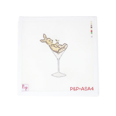 himsical needlepoint canvas by Penny & Penny featuring an adorable bunny lounging inside a martini glass, sipping a drink—complete with festive flair. Perfect for Easter stitching with a twist of humor! Ideal for finishing as a tray, sign, or stand-up for a spring bar cart or brunch table
