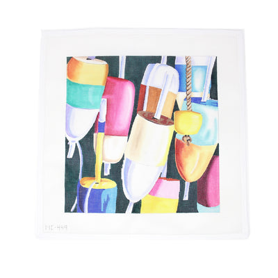 Needlepoint canvas featuring a row of colorful buoys in vibrant shades of red, blue, yellow, and green, evoking a coastal, nautical feel. Perfect for finishing as a framed piece, seaside pillow, or tray insert. Printed on 18-count mesh. Mesh size: 18-count, rectangular