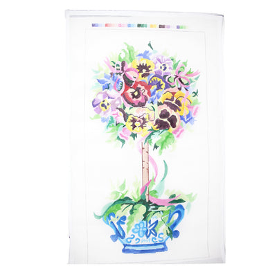 Hand-painted extra large needlepoint canvas by Jean Smith featuring a blue vase topiary filled with multicolor pansies, —perfect for finishing as a rug, large pillow, cheerful pillow, vibrant framed artwork.