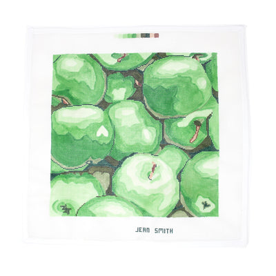 Hand-painted needlepoint canvas by Jean Smith featuring a cluster of fresh green apples with leafy accents, 14" square on 13 mesh—perfect for finishing as a kitchen-themed pillow, crisp framed artwork, or a vibrant decorative tray.