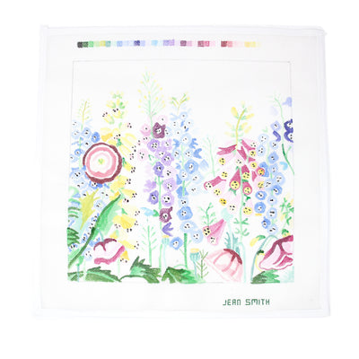 "Hand-painted needlepoint canvas titled 'Garden Treasuries' by Jean Smith, 14-inch square on 13 mesh, featuring a vibrant mix of garden blooms—perfect for finishing as a statement pillow, framed floral centerpiece, or decorative cushion for sunrooms or porches.