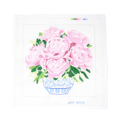 Hand-painted needlepoint canvas of a Peony- bouquet in a blue and white vase, —perfect for finishing as an elegant pillow, framed floral artwork, or a decorative spring tray By Jean Smith on 13 mesh