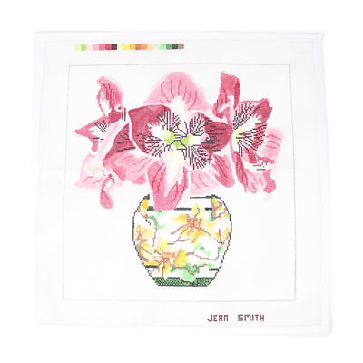 Hand-painted needlepoint canvas featuring a blooming amaryllis arranged in an elegant Japanese-style vase—perfect for finishing as a sophisticated pillow, framed artwork, or decorative tray for floral lovers.