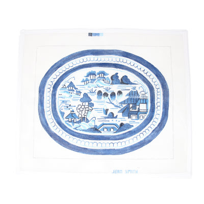Blue and White Platter of Willows needlepoint canvas, featuring a classic willow tree design in blue on white background. Printed on 18-count mesh, perfect for creating elegant framed art, pillows, or table linens. Add metallic or thread accents for extra texture. Mesh size: 13-count.