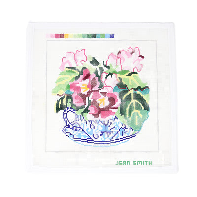 Hand-painted needlepoint canvas of a tea cup labeled 'Glorfinia' with delicate floral details—ideal for finishing as a charming kitchen ornament, pillow, or framed decorative piece, or tray.