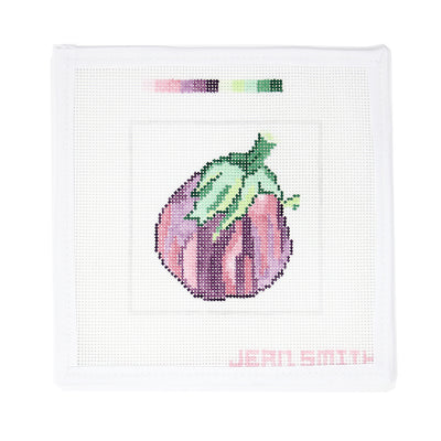 Hand-painted needlepoint canvas featuring a stylized eggplant in shades of purple and green on white mesh, designed by Jean Smith—perfect for finishing as a kitchen-themed ornament, framed decor, or a fun coaster