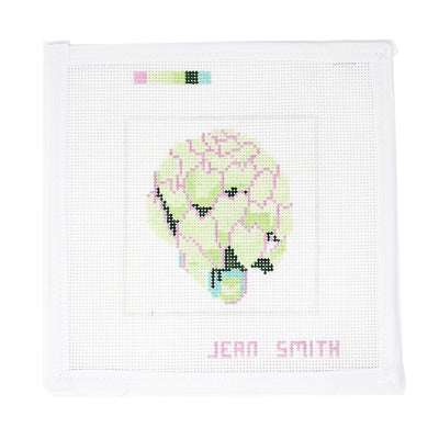 Hand-painted needlepoint canvas featuring an artichoke on white mesh, designed by Jean Smith—perfect for floral or spring-themed stitching projects.