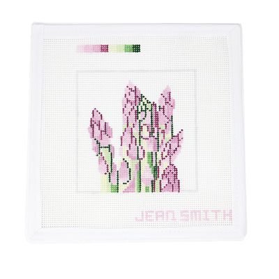 Hand-painted needlepoint canvas featuring a cluster of asparagus flowerson white mesh, designed by Jean Smith—perfect for floral or spring-themed stitching projects.