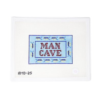Hand-painted needlepoint canvas featuring a “Man Cave” sign bordered with colorful fish, designed on 13 mesh. A great gift for Father’s Day or the outdoorsman in your life, perfect for finishing as a rustic sign, cabin décor, or a fun pillow for a fishing lodge or lake house.