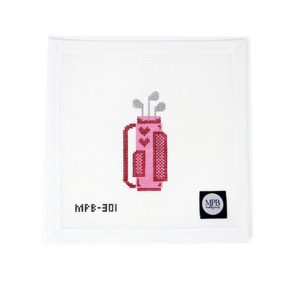 Hand-painted needlepoint canvas featuring a pink and red golf bag adorned with hearts, stitched on 18 mesh. A sweet and sporty design perfect for the golf-loving woman in your life—great for finishing as a Valentine’s or Mother’s Day ornament, framed décor, or pouch insert with a feminine twist.
