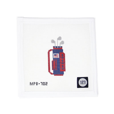Hand-painted needlepoint canvas featuring a blue and red golf bag decorated with an American flag motif, on 18 mesh. A patriotic and sporty design ideal for finishing as a Father’s Day gift, ornament, framed piece, or golf-themed accessory for the all-American dad or patriotic golfer