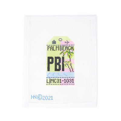 Hand-painted 18 mesh needlepoint canvas of a Palm Beach luggage tag in a green and pink retro design. Individually produced in the USA in small batches by a woman-owned boutique with over 30 years of experience. Specially curated for Hedgehog Needlepoint, perfect for finishing as a travel tag or stylish accessory