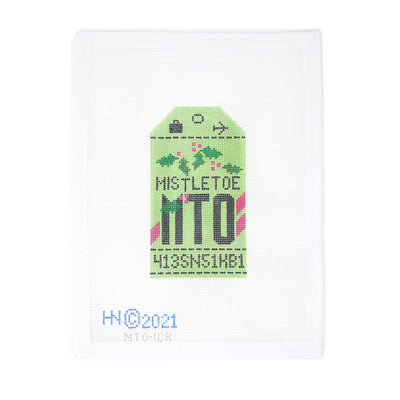 Hand-painted 18 mesh needlepoint canvas of a green Christmas-themed luggage tag featuring the word 'Mistletoe' and a festive mistletoe illustration. Perfect for finishing as a holiday ornament, gift tag, or travel accessory. A fun seasonal design ideal for festive decor or gifting.