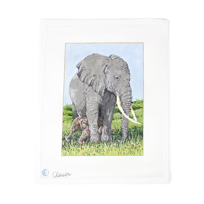 Mom and Baby Elephant Needlepoint canvas, featuring a beautiful scene of a mother and baby elephant in the wild. Perfect for creating a framed piece, pillow, or wildlife-themed decor. Printed on 18-count mesh. Mesh size: 18-count, rectangle