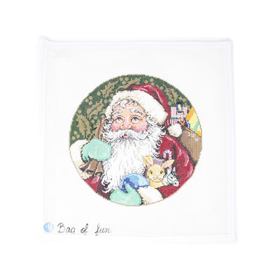 Santa Needlepoint canvas featuring Santa with his bag of toys on a circular design, set against a black and gold background. Perfect for creating a holiday pillow, framed piece, or ornament.  Mesh size: 13-count, circular.