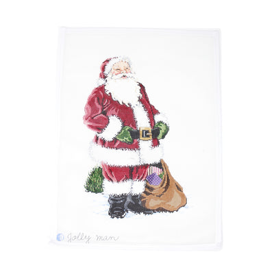 Jolly Man needlepoint canvas featuring a classic Santa Claus in a red suit with green gloves, black boots, and a brown sack filled with gifts. Set on a snowy white background, perfect for creating a holiday pillow, framed piece, or stocking insert. Printed on 18-count mesh. Mesh size: 18-count, rectangular