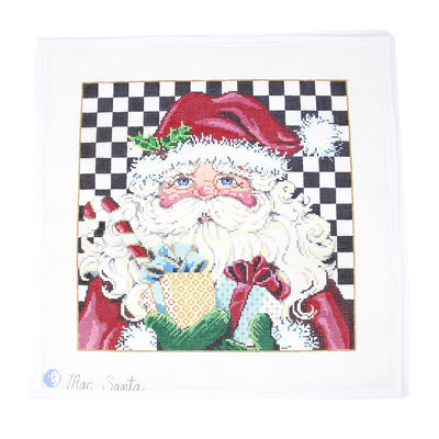 Santa Needlepoint canvas featuring a festive Santa design on a bold black and white checkered Mackenzie-Childs style background. Perfect for creating a holiday pillow, framed art, or ornament. Printed on 13-count mesh. Mesh size: 13-count, 13x13 inches.