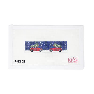 Hand-painted needlepoint canvas for a key fob featuring red VW bugs carrying Christmas trees on top, stitched on 18 mesh. A festive and nostalgic design, perfect for finishing as a holiday-themed key fob or stocking stuffer for vintage car lovers and holiday enthusiasts alike.