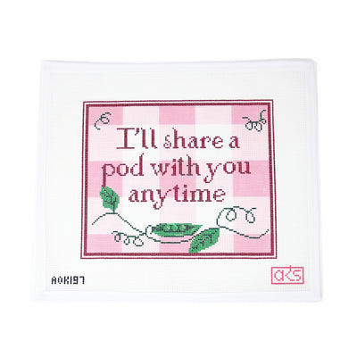 Hand-painted needlepoint canvas on 13 mesh featuring the sweet phrase “I’ll share a pod with you any time,” a playful nod to both Love Is Blind and the saying “two peas in a pod.” Perfect for finishing as a quirky pillow, romantic sign, or giftable piece for fans of the show or sentimental stitching.