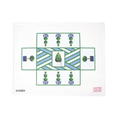 Needlepoint design by Ann Kay on 13 mesh featuring a series of topiaries in blue pots. Perfect for finishing as a brick-style doorstop. Ideal for home decor or as a unique gift, this hand-painted canvas captures elegant greenery in a vibrant blue and green color palette.