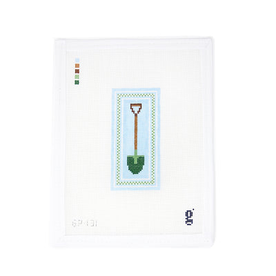 Goodpoint Needlepoint canvas featuring a green and brown garden shovel, perfect for a small project. Ideal for creating a framed piece, ornament, or keychain. Printed on 18-count mesh. Mesh size: 18-count, 1.9x4 inches.