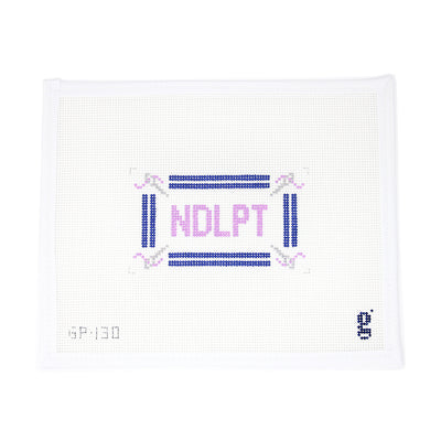 NDLPT Needlepoint canvas featuring the word 'NDLPT' in the center with needles at each corner, set in purple and blue colors. Perfect for a unique framed piece, pillow, or ornament. Printed on 18-count mesh. Mesh size: 18-count, rectangle