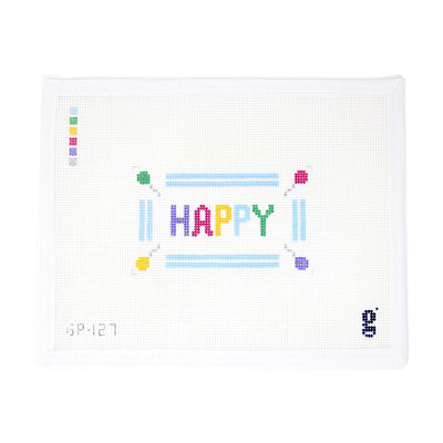 HAPPY Needlepoint canvas featuring the word 'HAPPY' in the center with rainbow-colored birthday balloons in the corners. Perfect for creating a framed piece, pillow, or festive ornament. Printed on 18-count mesh. Mesh size: 18-count, rectangle.