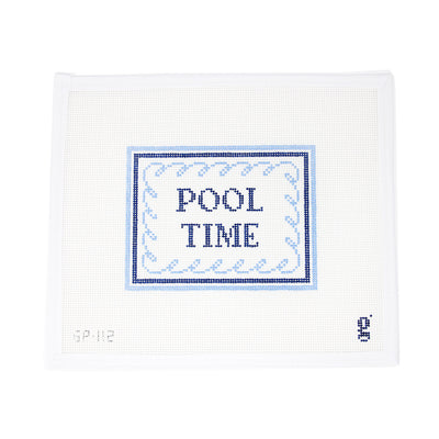 Pool Time Sign needlepoint canvas featuring a playful 'Pool Time' design, perfect for a summer-themed project. Ideal for creating a framed sign, pillow, or decorative accessory. Printed on 18-count mesh. Mesh size: 13-count, rectangle